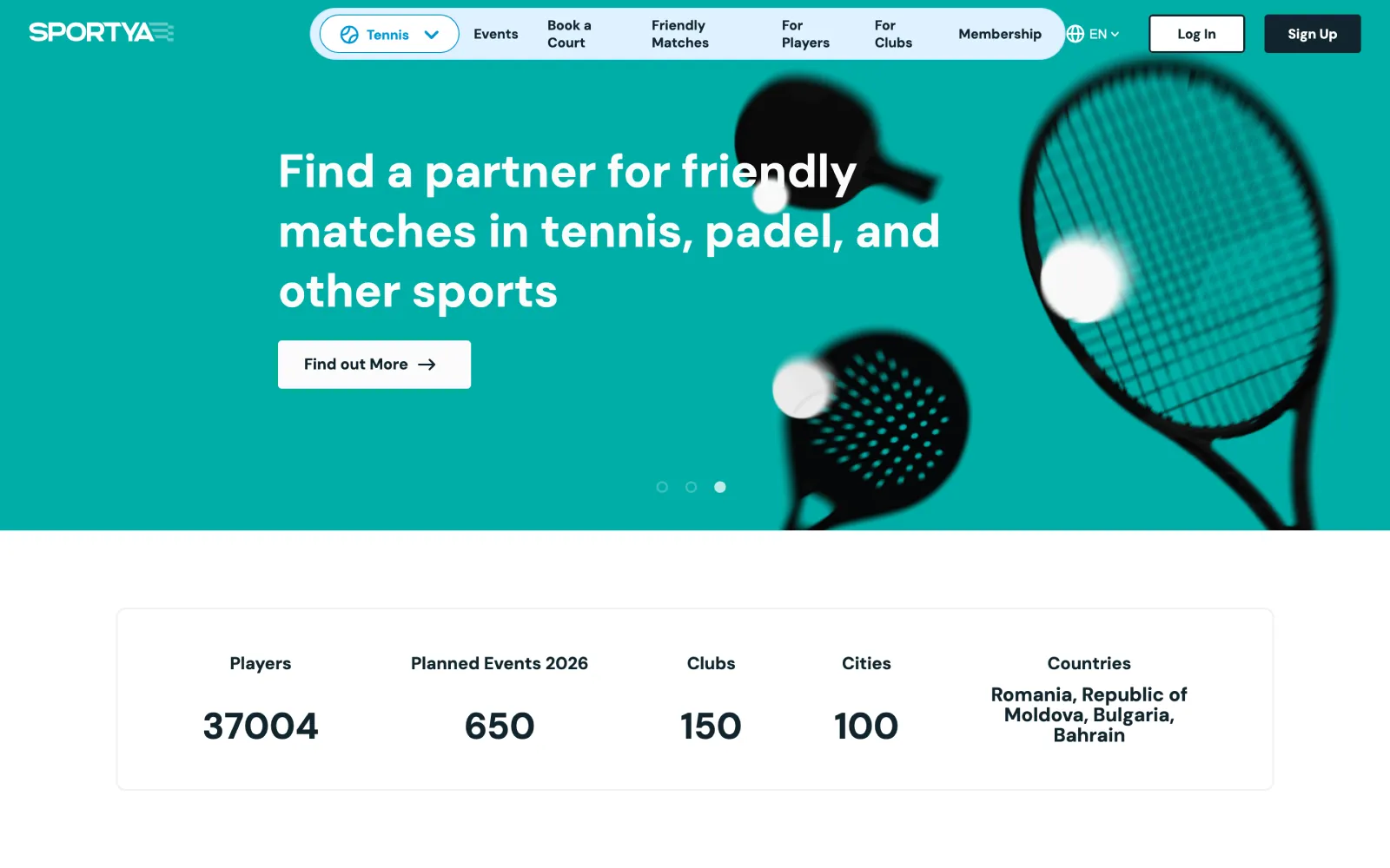 Sportya home page with the player, club, city and country counters