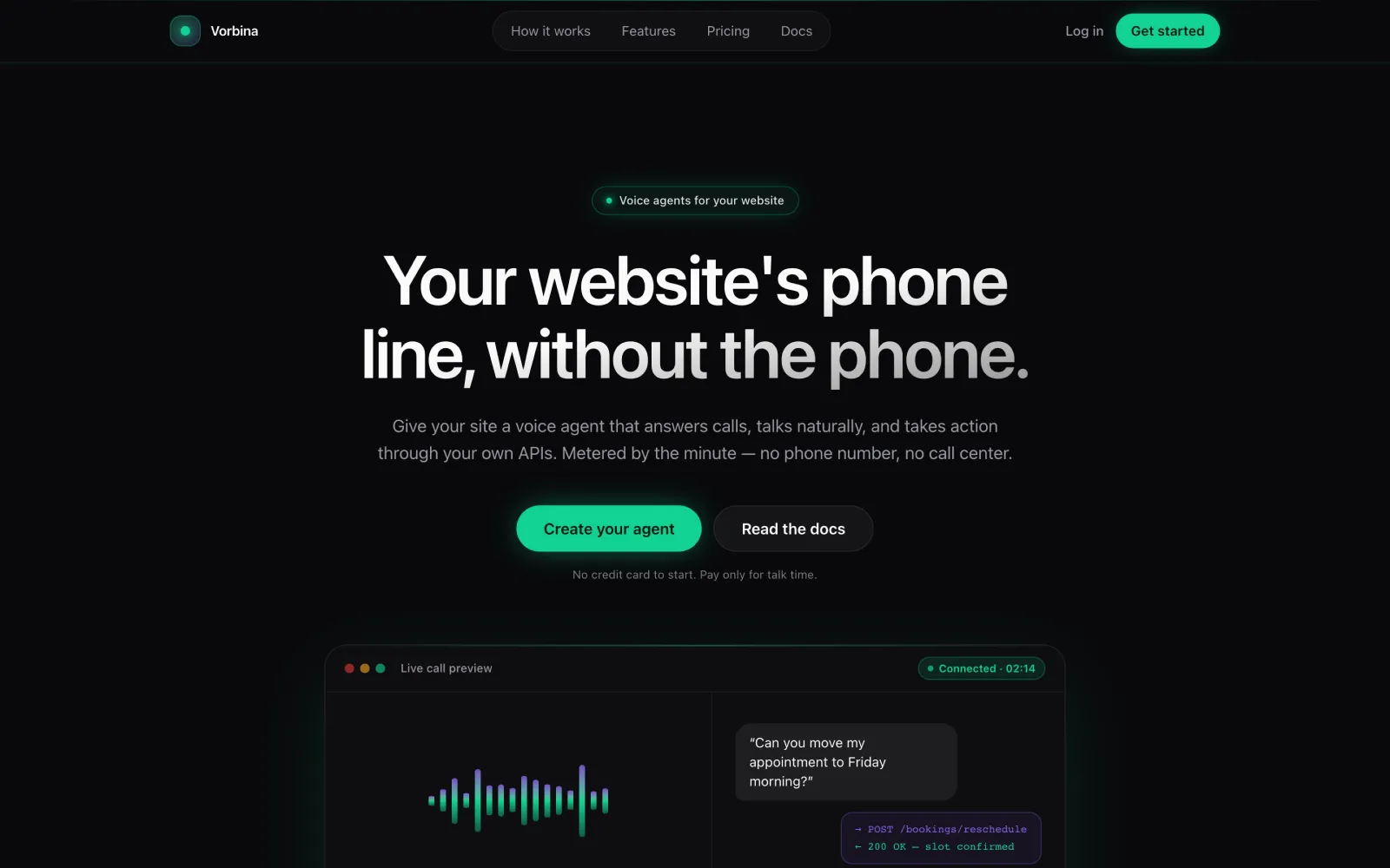 Vorbina home page — voice agents for your website, with a live call preview