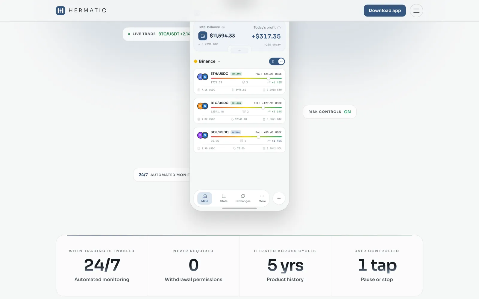 Hermatic mobile app showing balance, open trades and PnL in real time