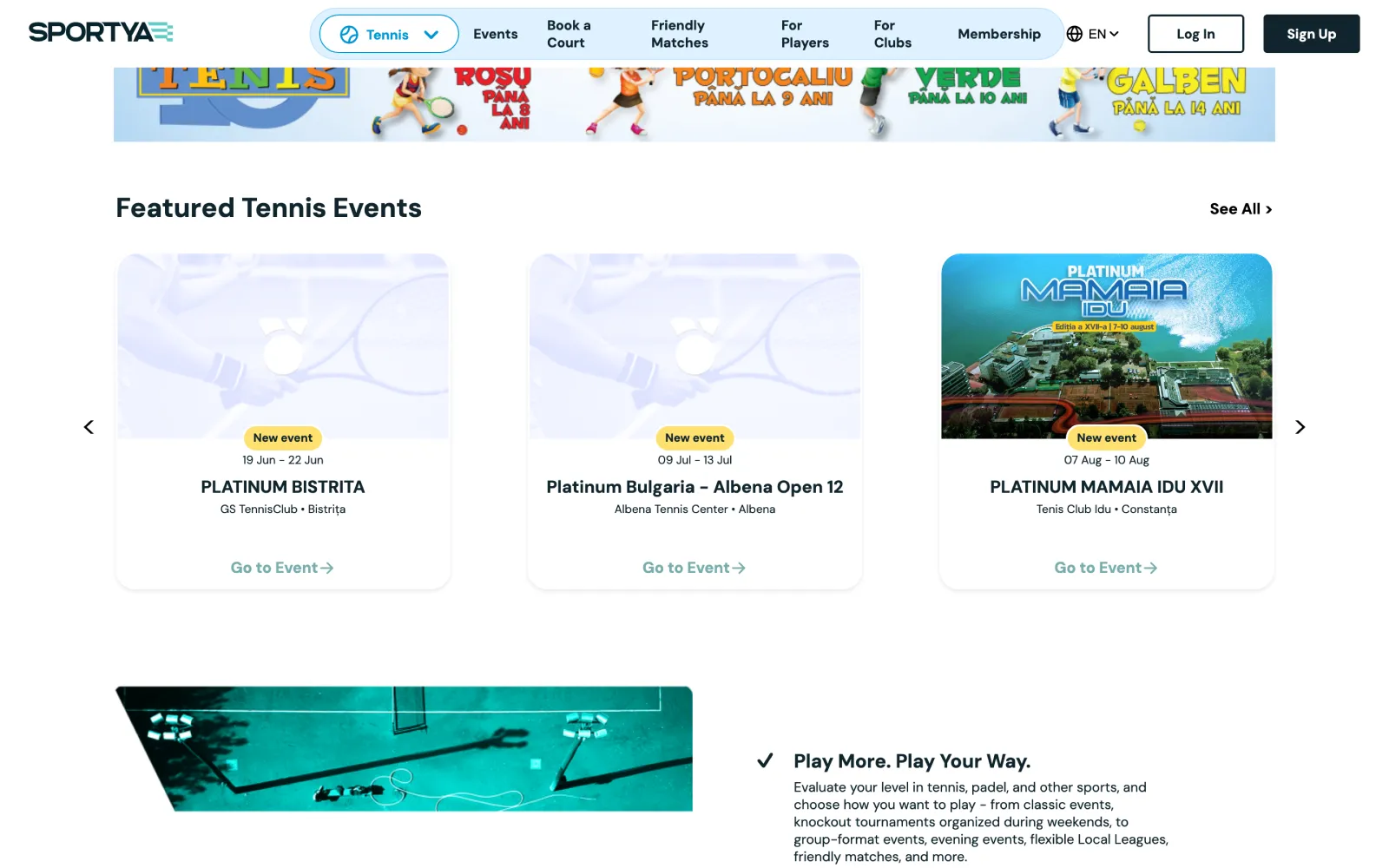 Sportya featured tournament calendar with events by level and location