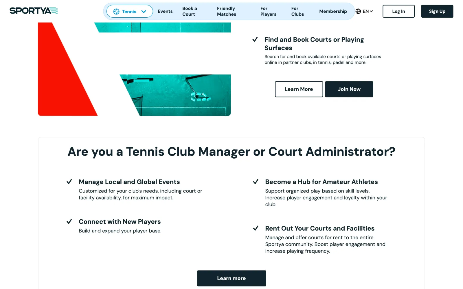 Sportya club-side tools for managing events, courts and player engagement