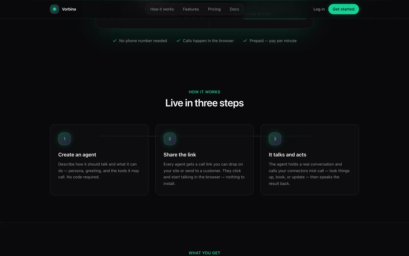 Vorbina — creating an agent and sharing its call link in three steps