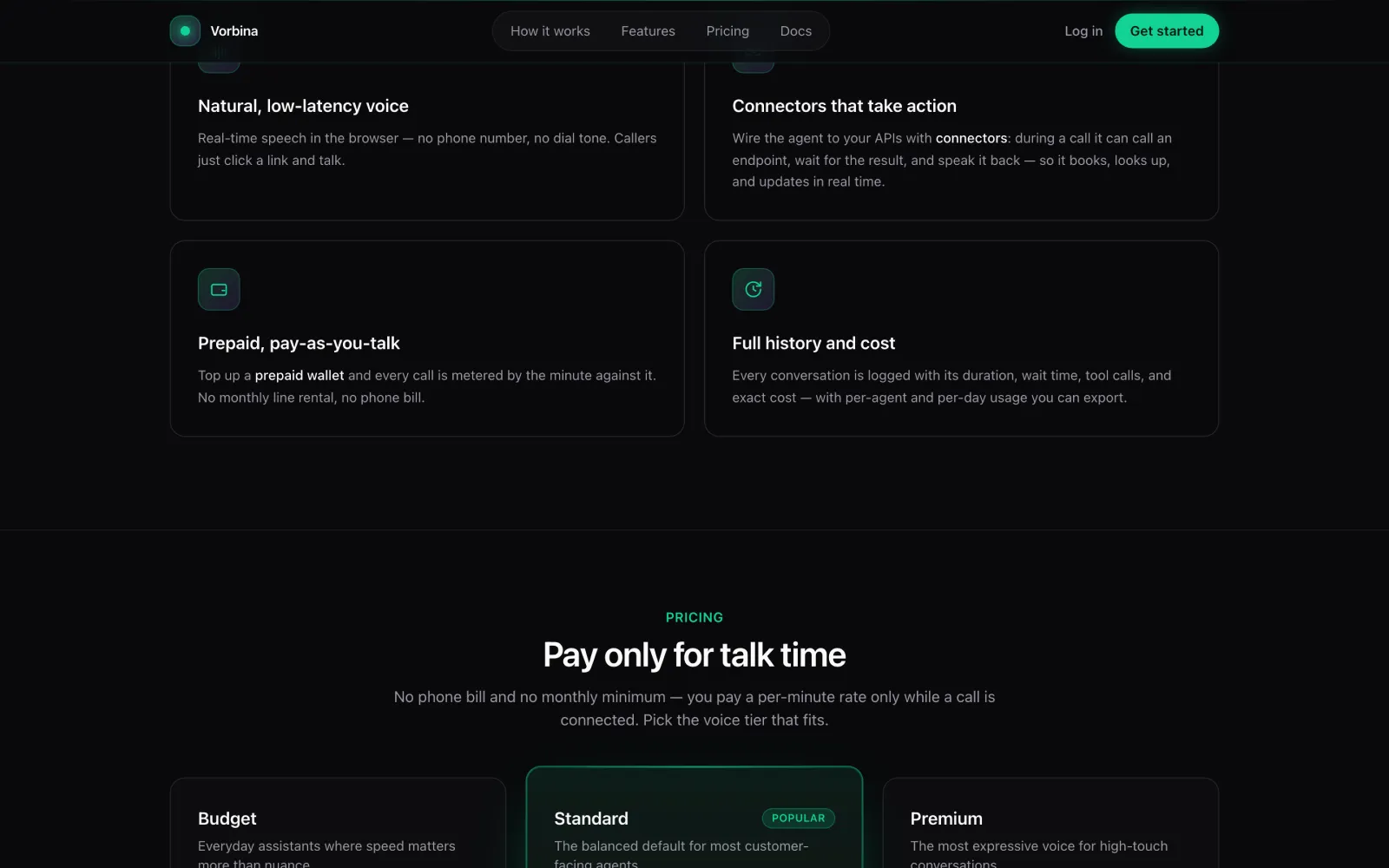 Vorbina pricing — per-minute voice tiers billed from a prepaid wallet